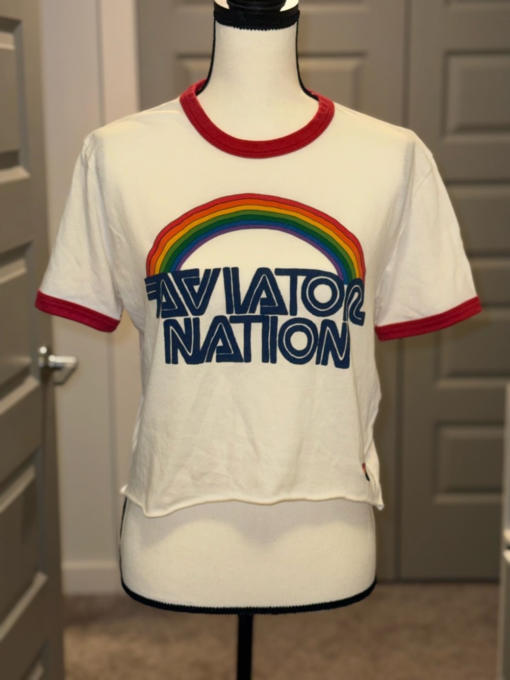 Aviator Nation White Tee with Rainbow Graphic and Red Trim
